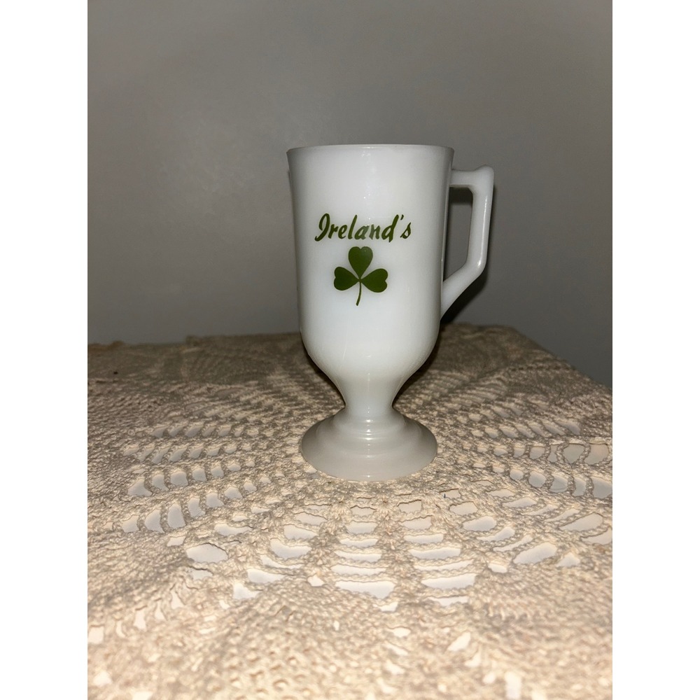 Vintage Milk Glass Ireland's Shamrock Footed Irish Coffee Mug Pedestal Base